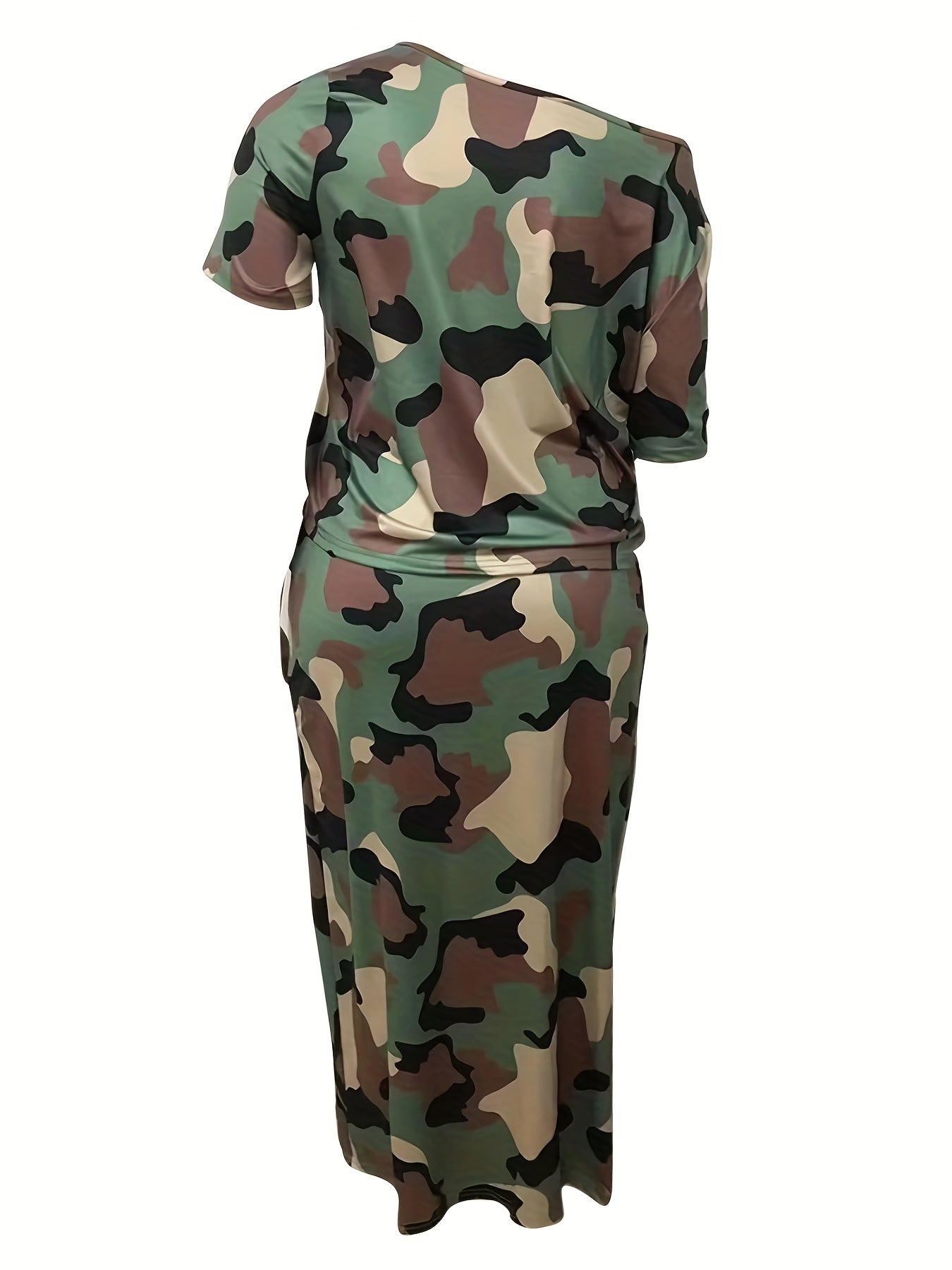  Camo Print One Shoulder Tee & Pocketed Skirt Set