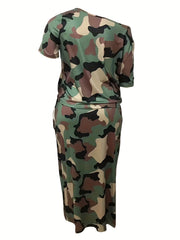  Camo Print One Shoulder Tee & Pocketed Skirt Set