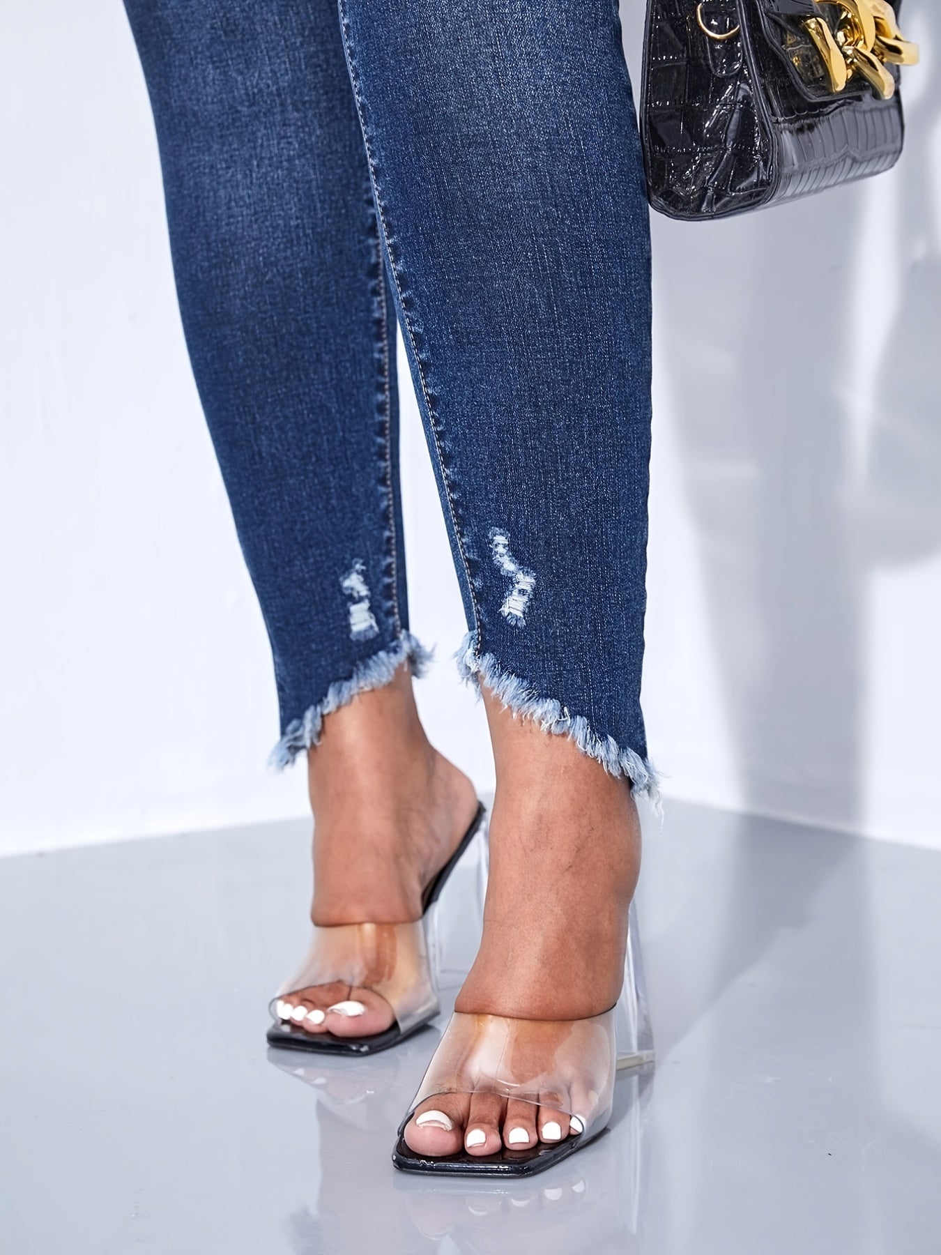  Washed Ripped Fringe High Stretch Jeans