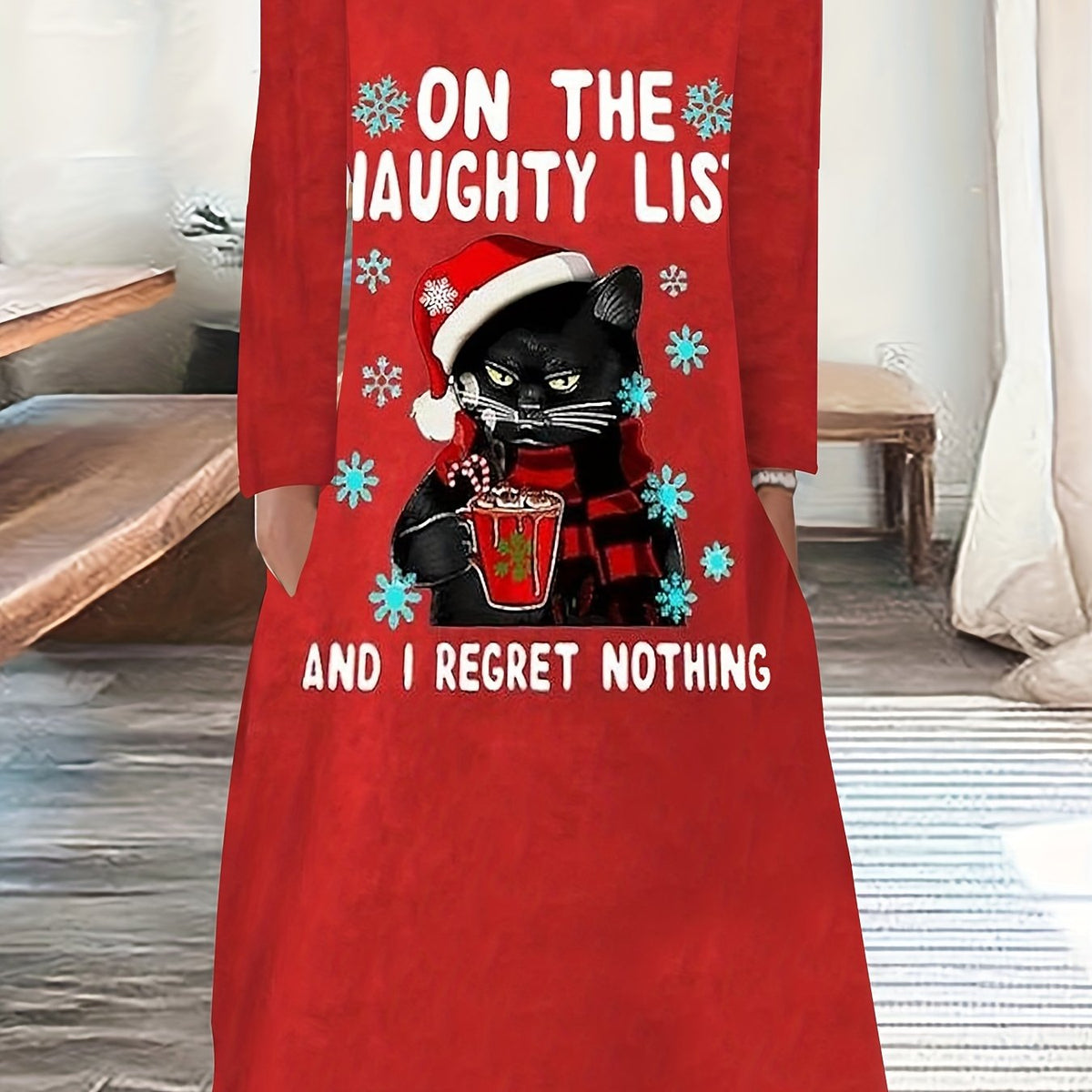  Christmas Dress Women's Plus Christmas Hat Cat & Slogan Print Dress