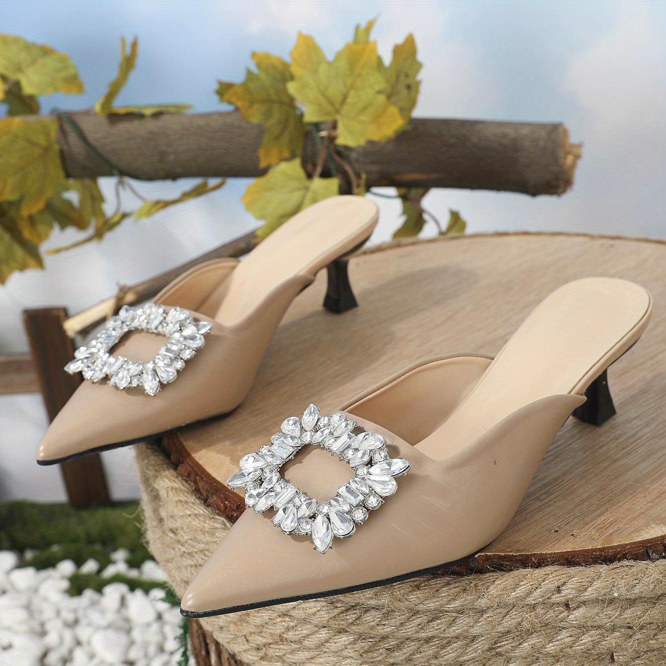 Women's Rhinestone Buckle Kitten Heels Sandals