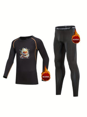 Kids Compression Fleece Set Animal Pattern Crew Neck Pullover & Elastic