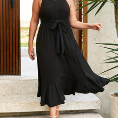  Round Neck Maxi Smock Dress with Ruffle Trim