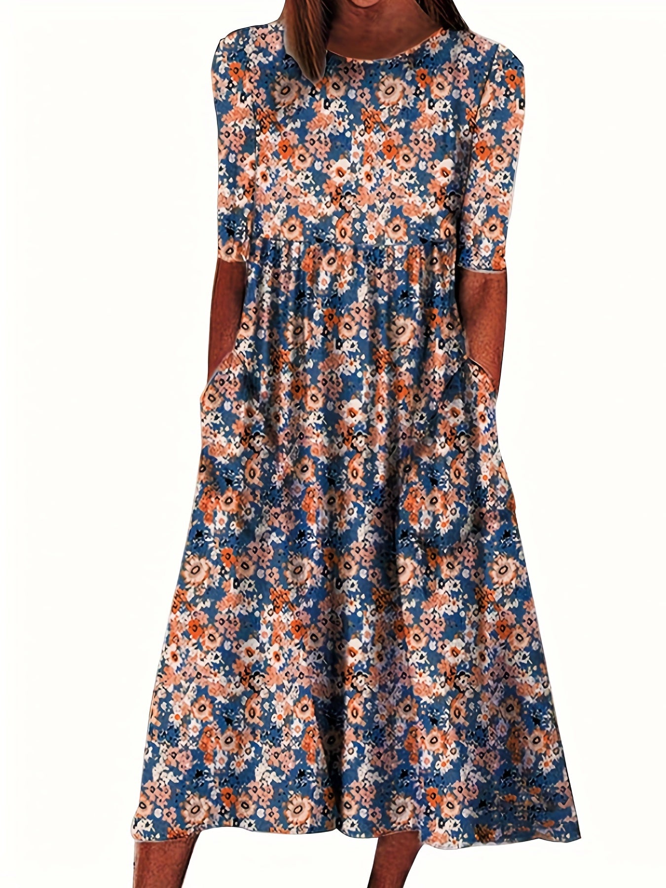Floral Print Short Sleeve Plus Size Casual Dress with Pockets