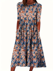 Floral Print Short Sleeve Plus Size Casual Dress with Pockets