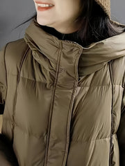 Women's Mid-Length Puffer Hooded Jacket for Winter Outdoor Sports
