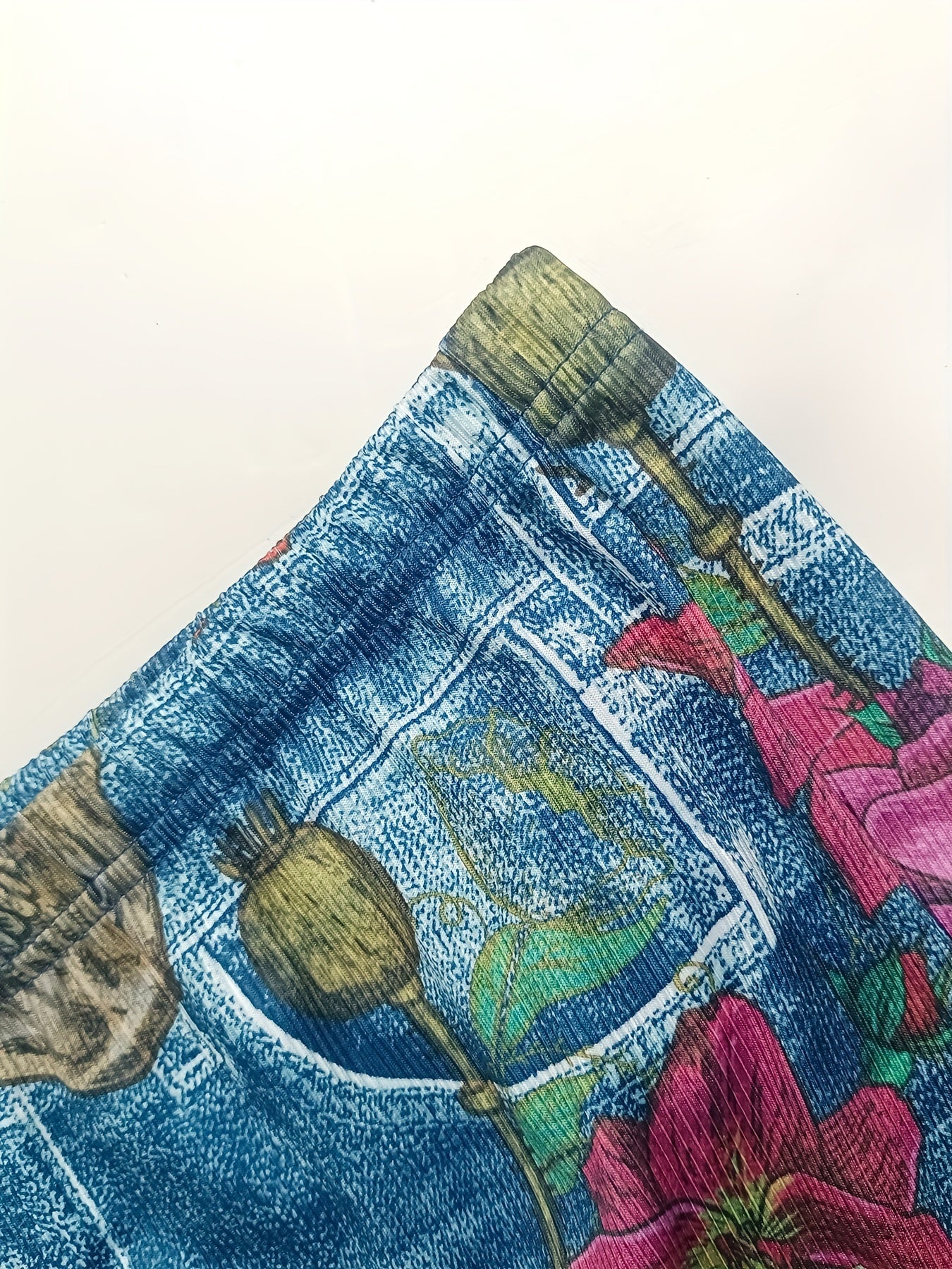  Denim & Floral Skull Print High Rise Flared Leg Pants