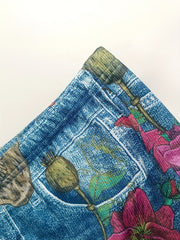  Denim & Floral Skull Print High Rise Flared Leg Pants