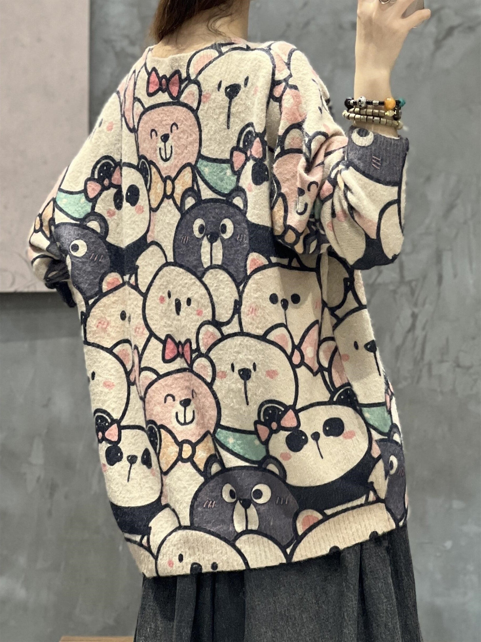  Bear Print Long Sleeve Round Neck Sweater