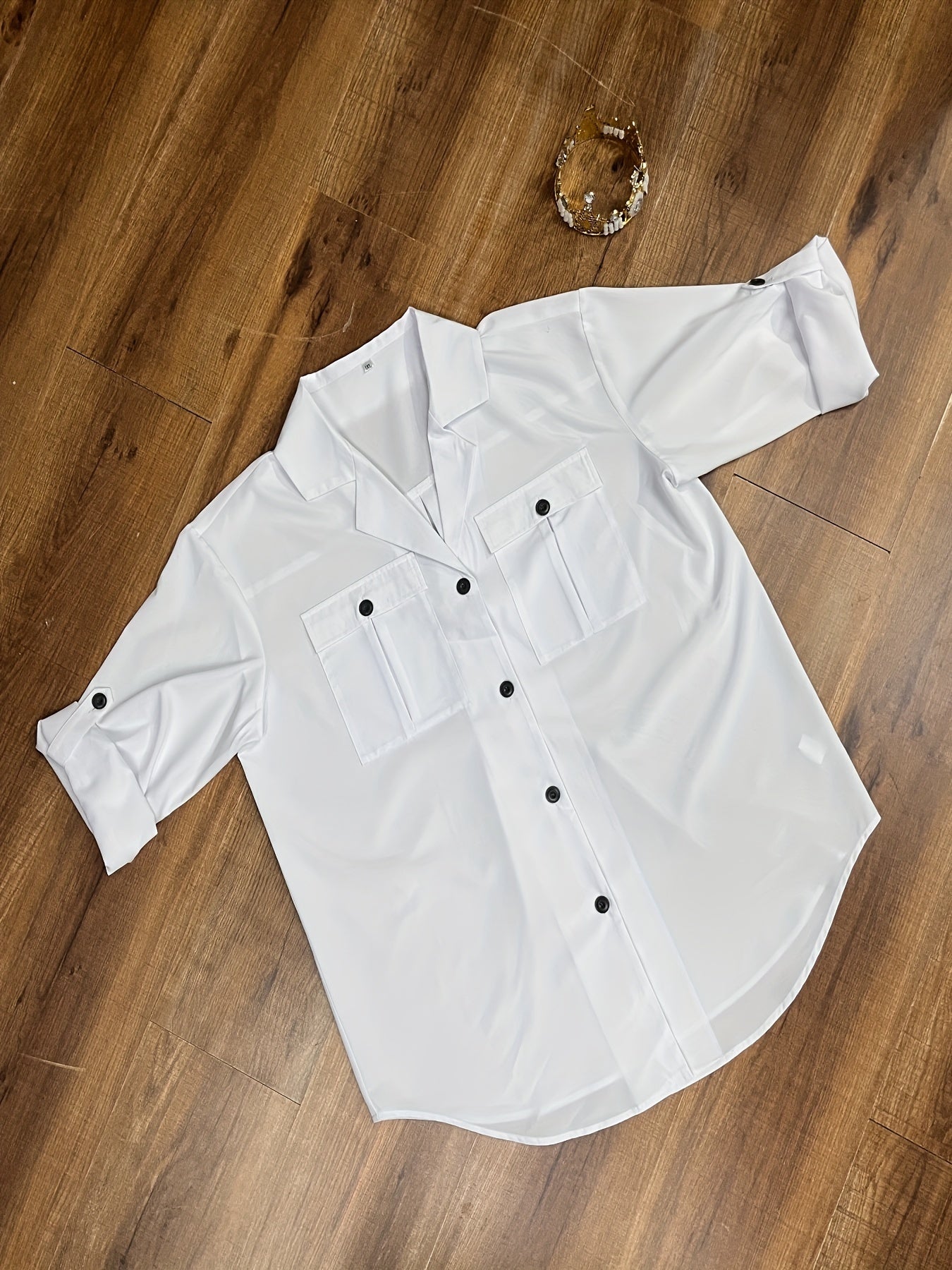 Solid Long Sleeve Button Up Tunic Shirt Top