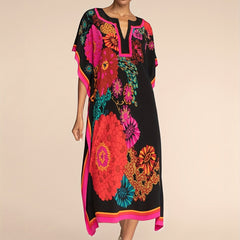  Colorblock Floral Print Bat Sleeve Maxi Cover Up