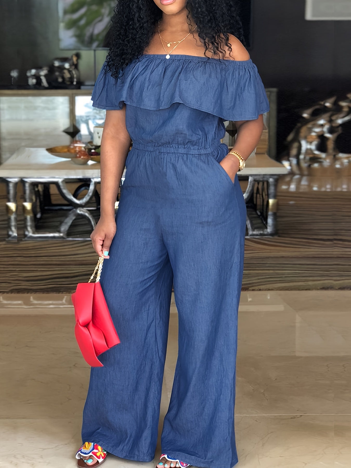  Sexy Jumpsuit Women's Plus Solid Ruffle Trim Off Shoulder Wide Leg Jum