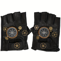 Steampunk Leather Gloves Men's Gothic Fingerless Gear Halloween Compass