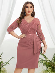  Lace Sleeve V-Neck Ruffle Trim Midi Dress