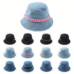Y2K Denim Bucket Hat Washed Packable Basin Hat Chain Decor Casual Sunscreen
