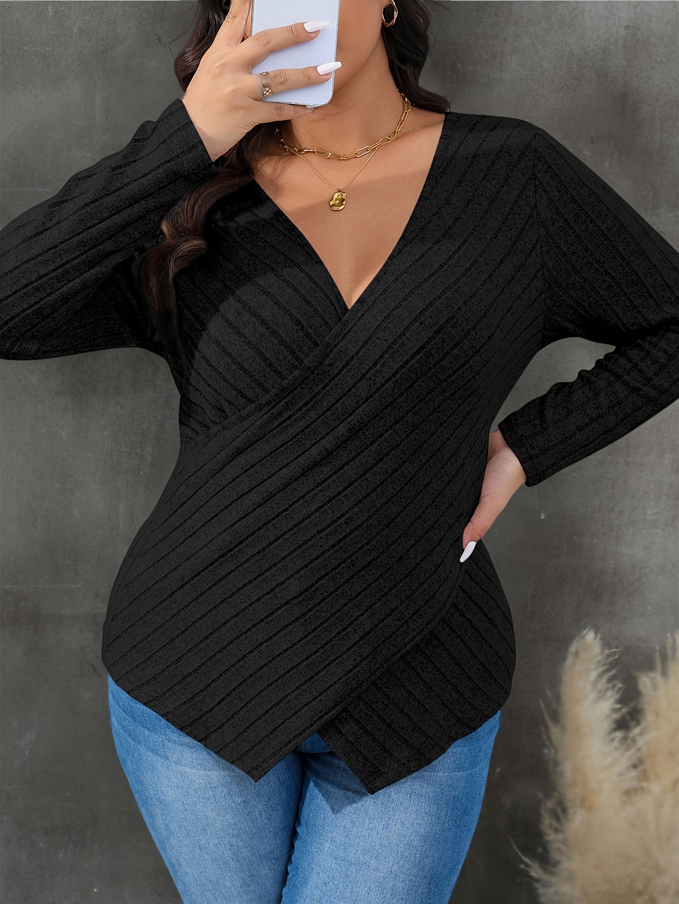  Colorblock Cross V Neck Knit Top Long Sleeve