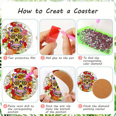 8pcs Mexican Skull Diamond Painting Holder DIY Halloween Skeleton Coaster