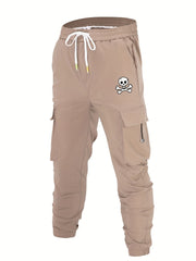 Skull Print Pocket Cargo Pants Men's Casual Loose Fit Solid Cargo Joggers