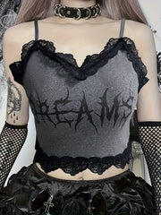  Gothic Cami Top Art Letter Print Lace Trim V Neck Crop Cami