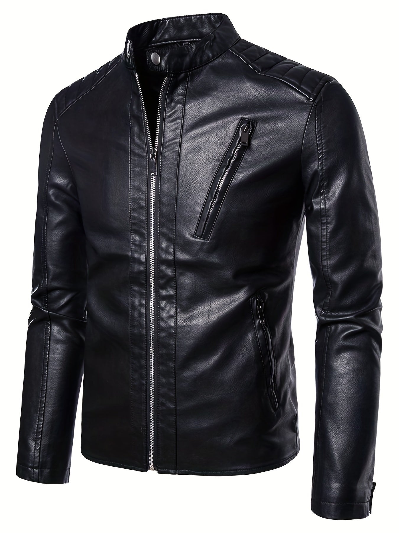 Men's Casual PU Biker Jacket Stand Collar Zipper Pocket Faux Leather Jacket Coat