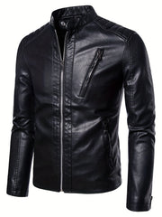 Men's Casual PU Biker Jacket Stand Collar Zipper Pocket Faux Leather Jacket Coat