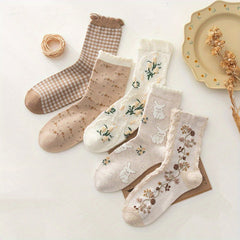 5 Pairs Floral & Bunny Print Ruffle Socks Women's Stockings