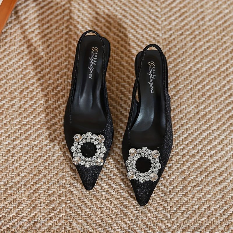Women's Rhinestone Decor Pumps Pointed Toe Kitten Heels