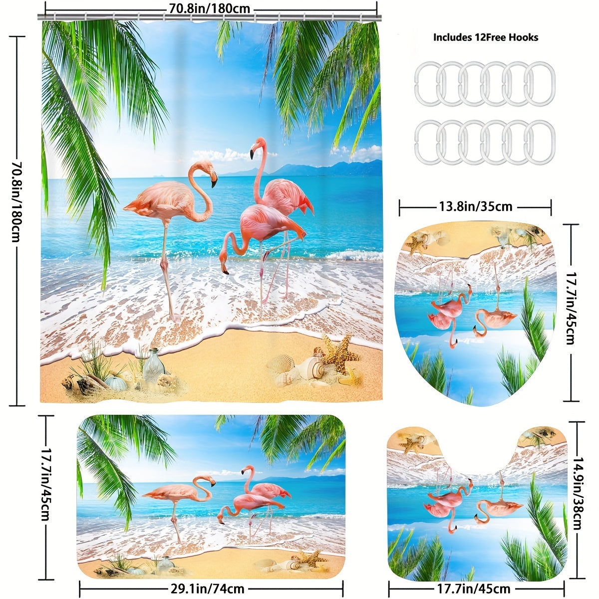 4pcs Flamingo Shower Curtain Set with Hooks & more