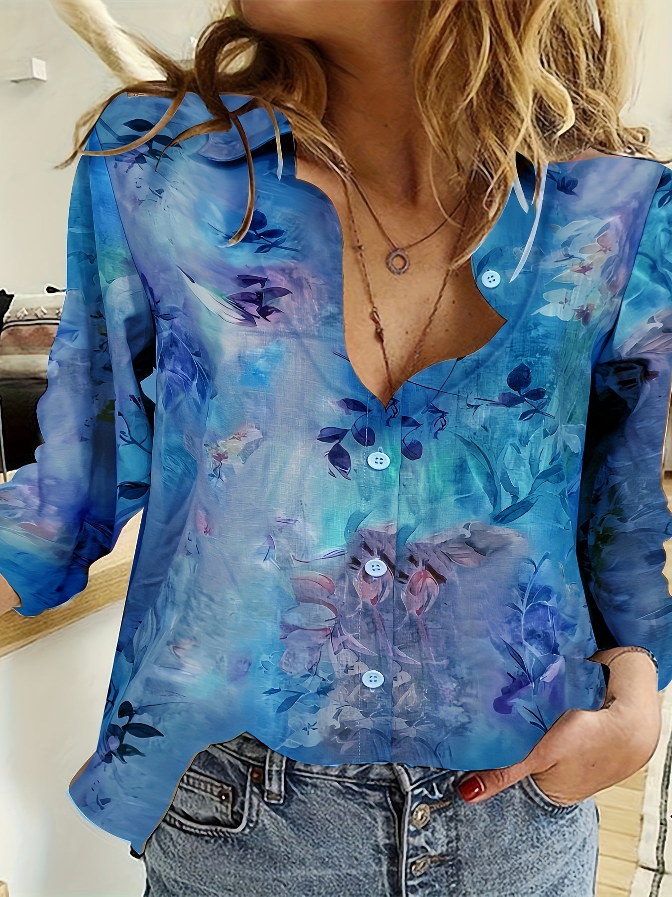  Floral Tie Dye Button Up Collar Shirt Top