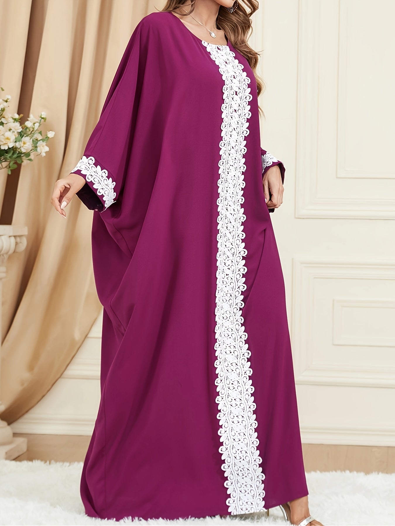  Kaftan Dress Lace Trim Batwing Sleeve Maxi Dress