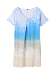  Sea Print Short Sleeve V Neck Dress