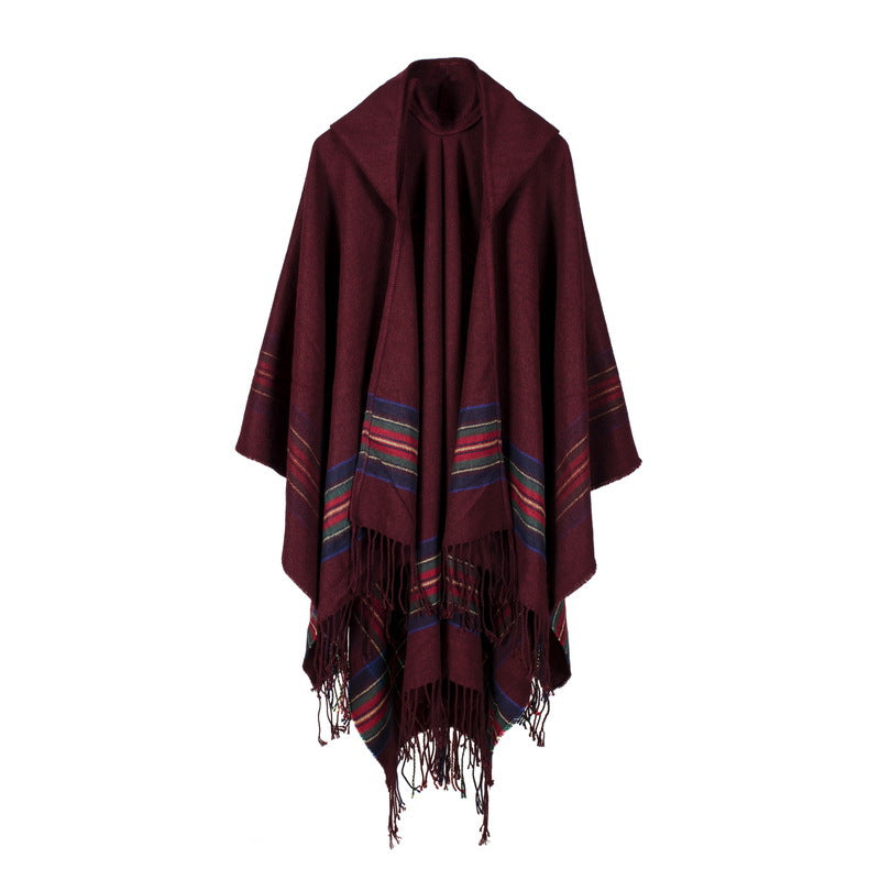 Vintage Jacquard Shawl Hooded Cloak Tassel Cape Womens Wrap Cardigan