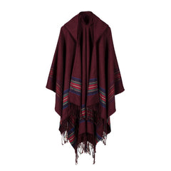 Vintage Jacquard Shawl Hooded Cloak Tassel Cape Womens Wrap Cardigan