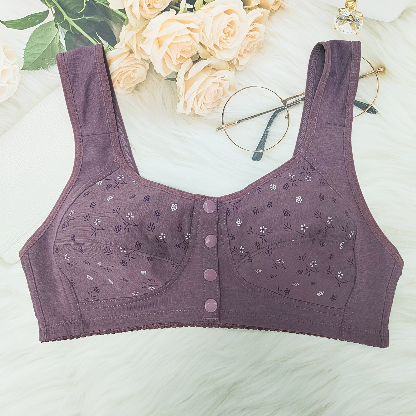 Floral Print Front Buckle Bra Wireless