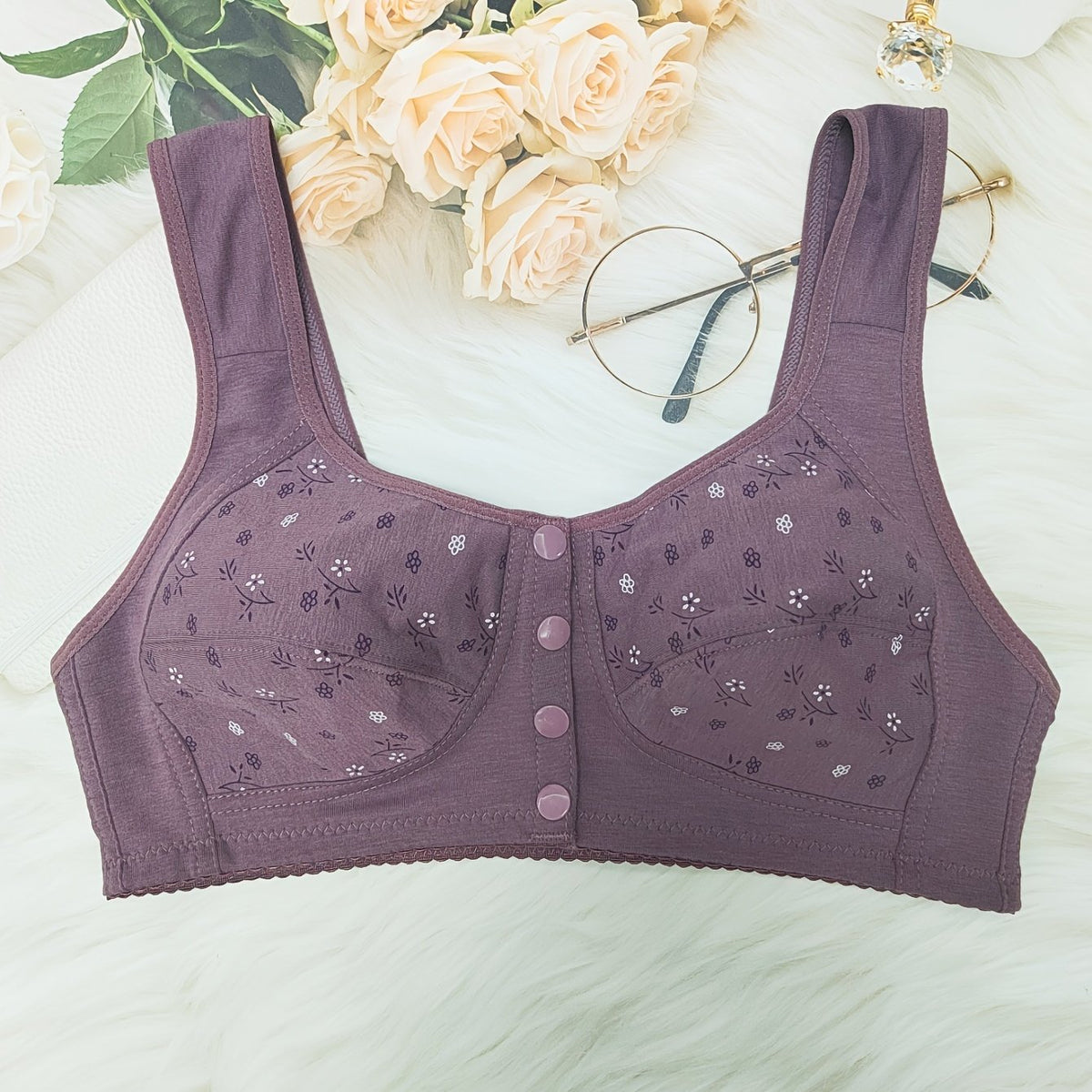 Floral Print Front Buckle Bra Wireless