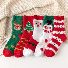 5 Pairs Cartoon Christmas Socks Women's Mid Tube Stockings Warm & Fuzzy