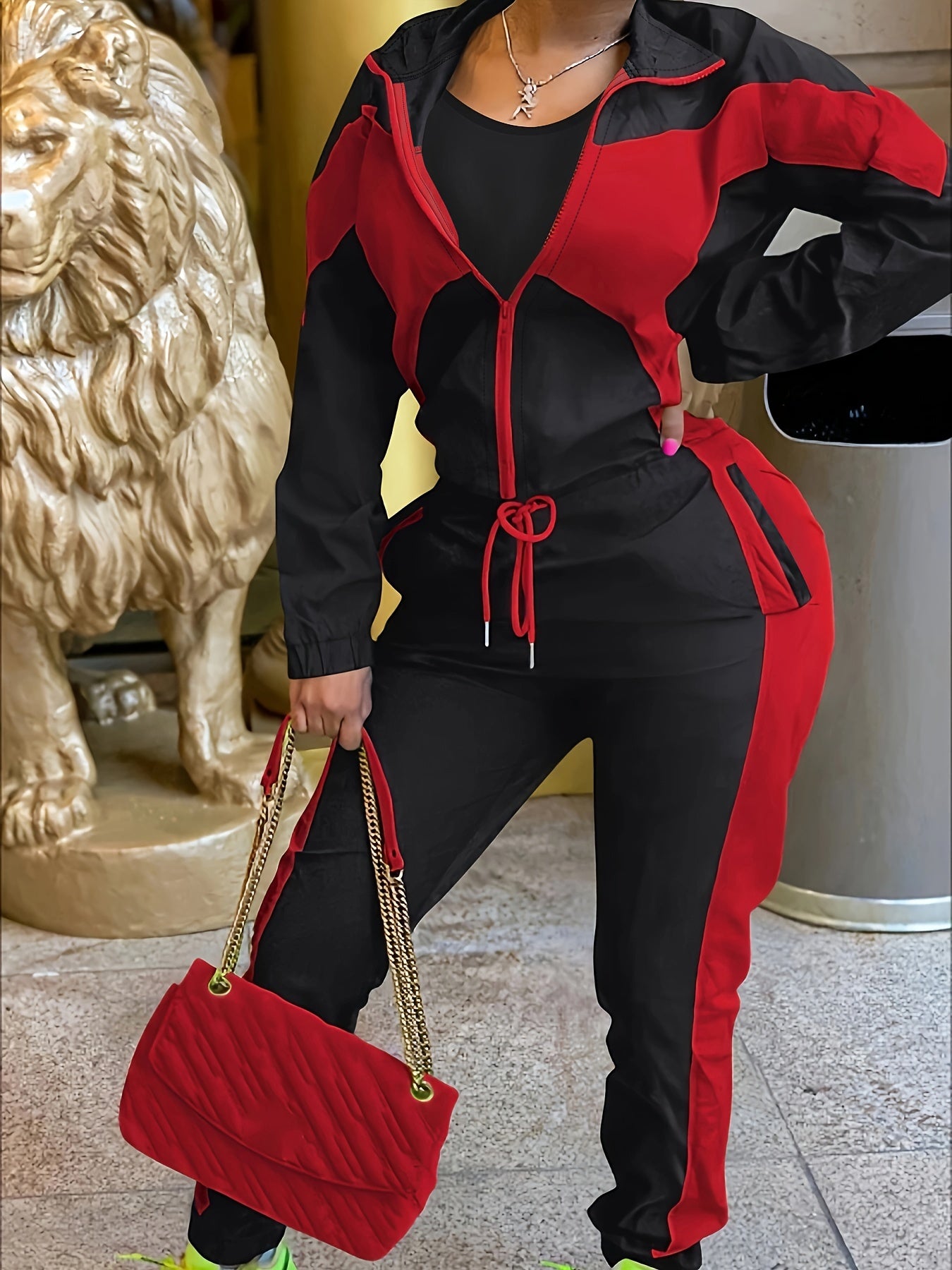  Colorblock Zipper Coat & Drawstring Pants Set