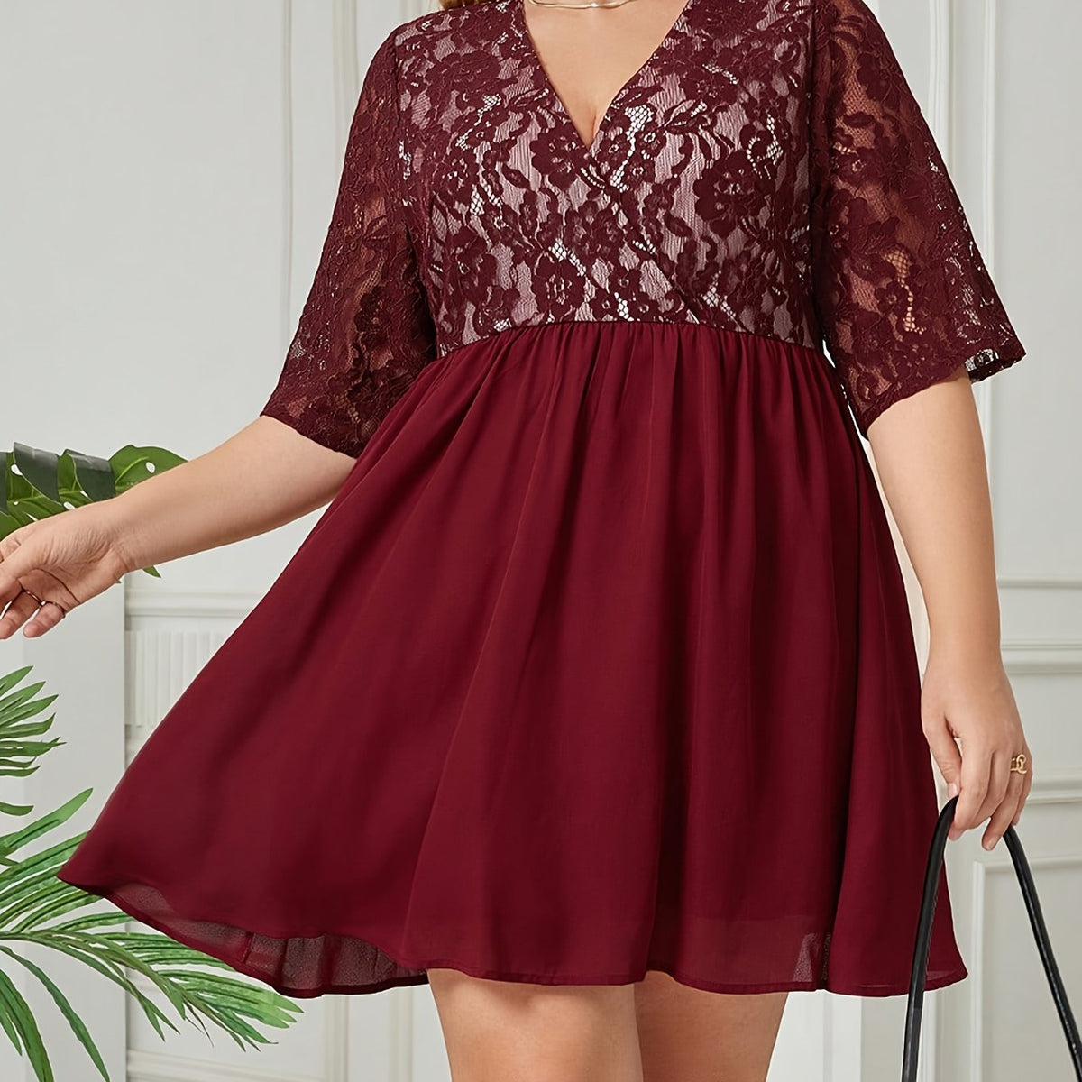  Solid Contrast Lace Mini Dress