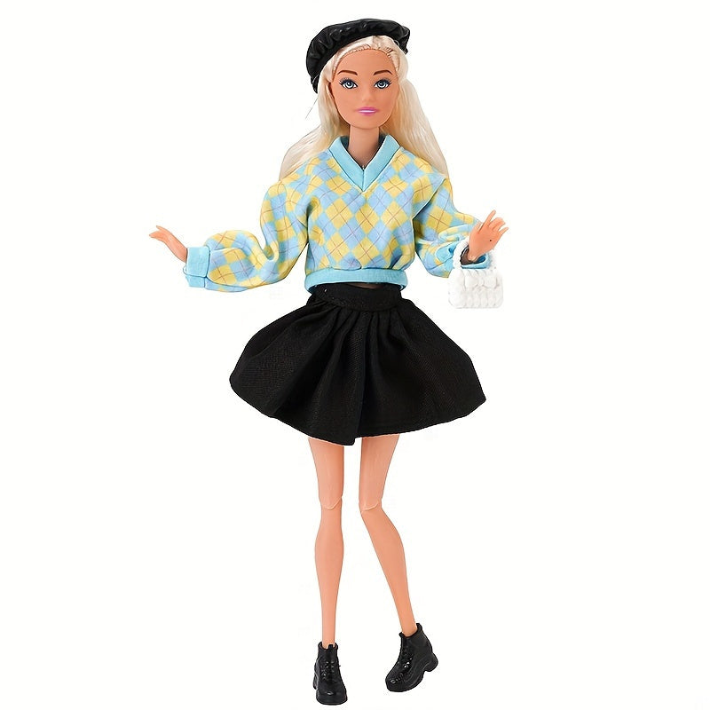 Plaid Doll Clothes Set - Sweater, Skirt, Hat, Bag