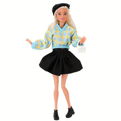 Plaid Doll Clothes Set - Sweater, Skirt, Hat, Bag