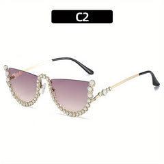 Rhinestone Semi Rimless Sunglasses for Women UV400 Sun Shades Glasses