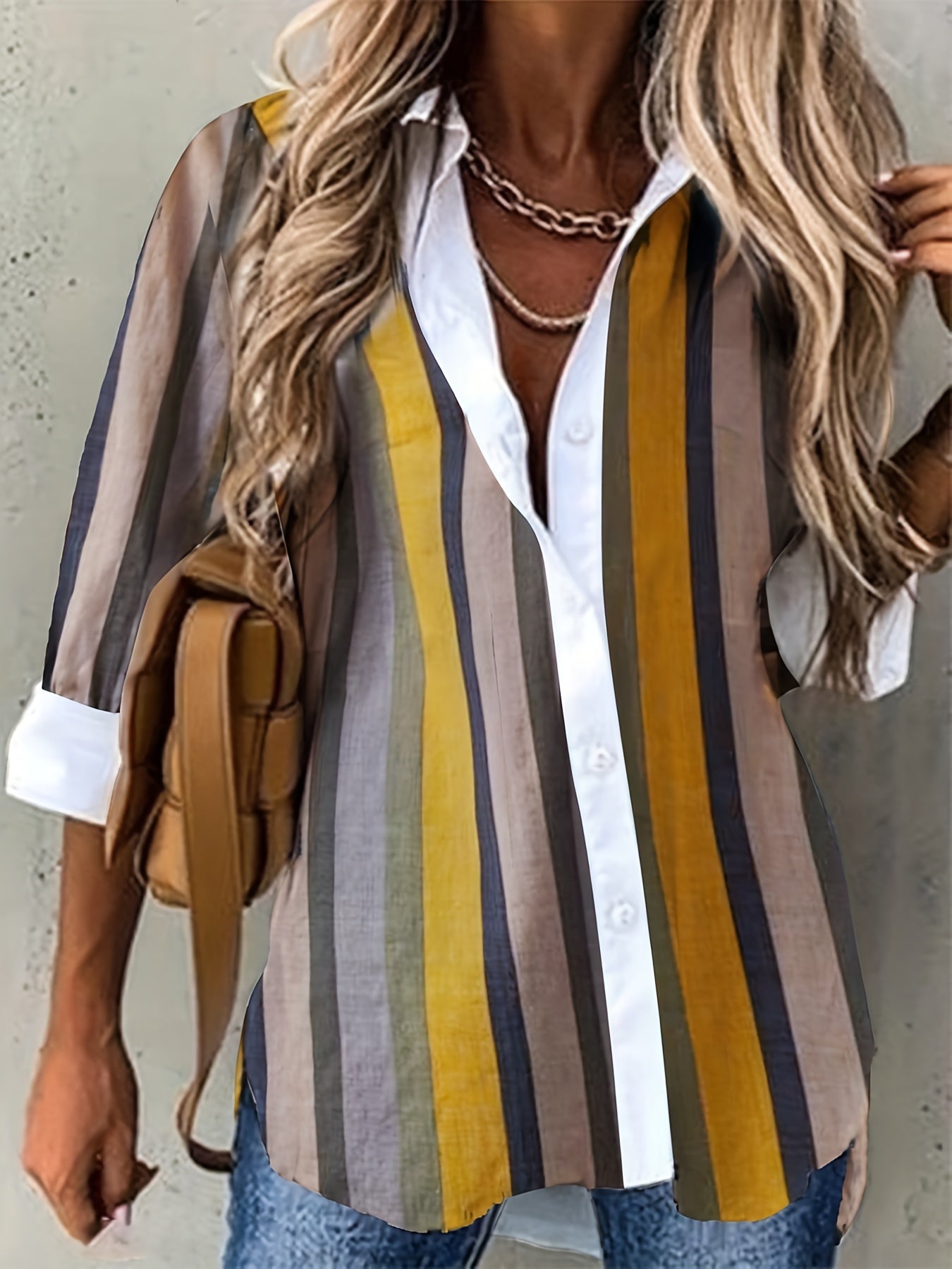  Colorblock Stripe Print Long Sleeve Blouse