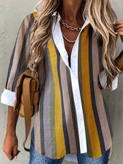  Colorblock Stripe Print Long Sleeve Blouse