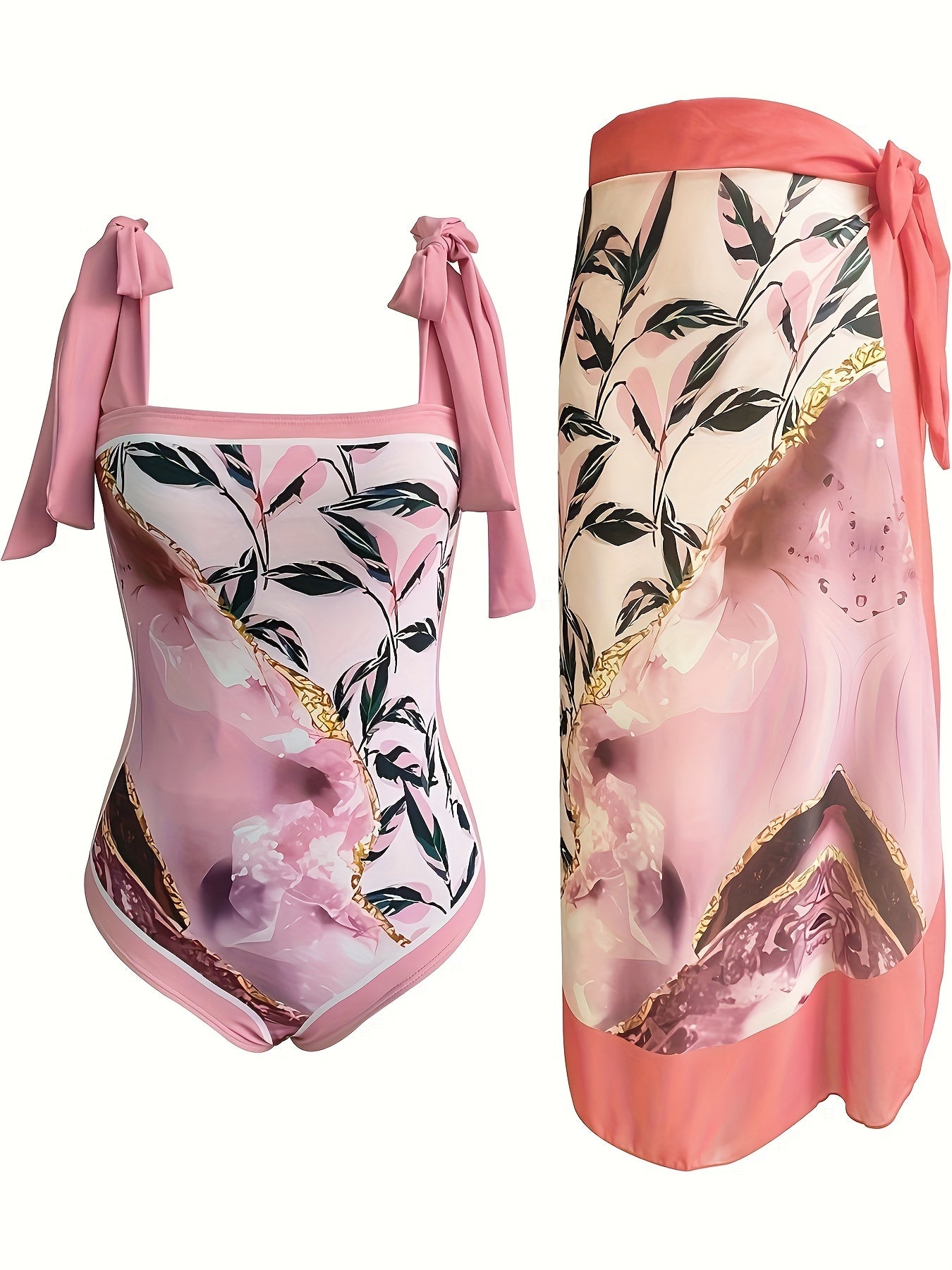  Retro Tankini Set Leaf & Mable Print Tie Shoulder Swimsuit