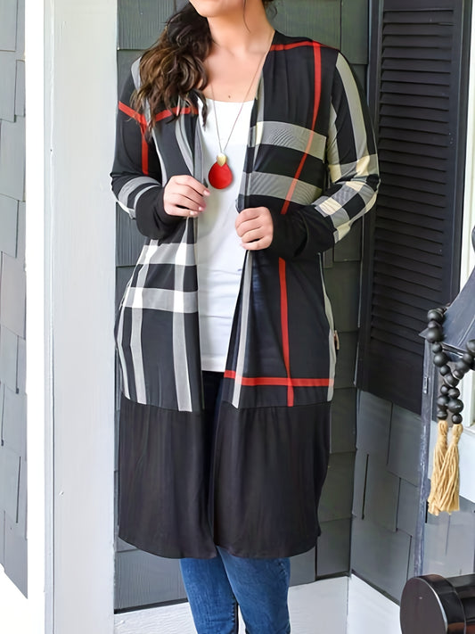 Plaid Print Long Sleeve Open Front Cardigan