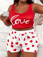  Letter & Heart Print Crop Tank Top & Shorts Pajama
