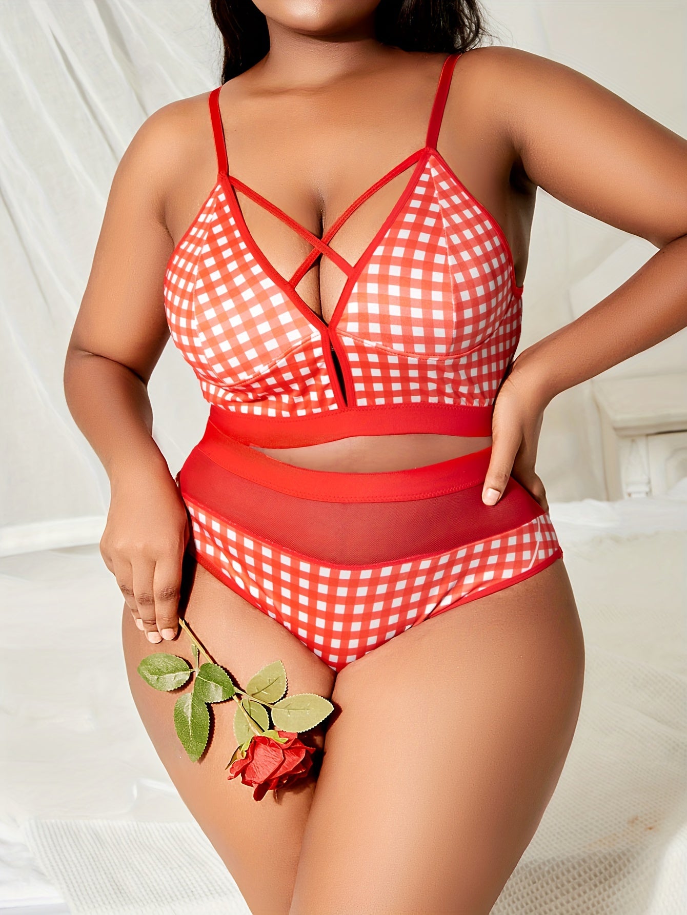  Gingham Print Crisscross Bra & Mesh Panty Set