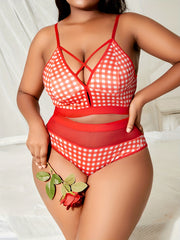  Gingham Print Crisscross Bra & Mesh Panty Set