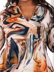 Plus Size Women's Marble Print V Neck Loose Fit Dress