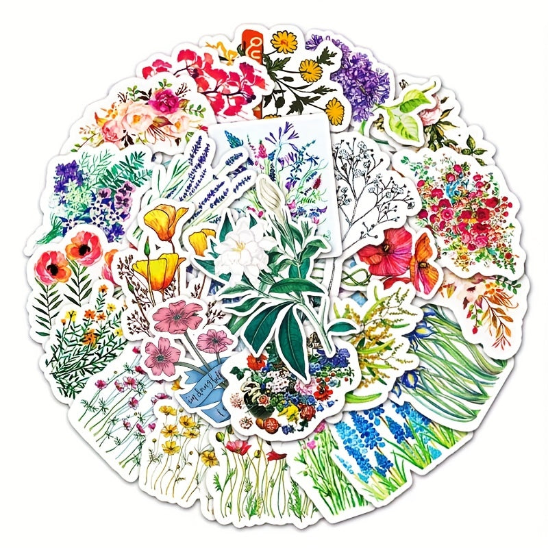 50pcs Flowers Pattern Waterproof Stickers Water Bottles Laptop Scrapbook Luggage